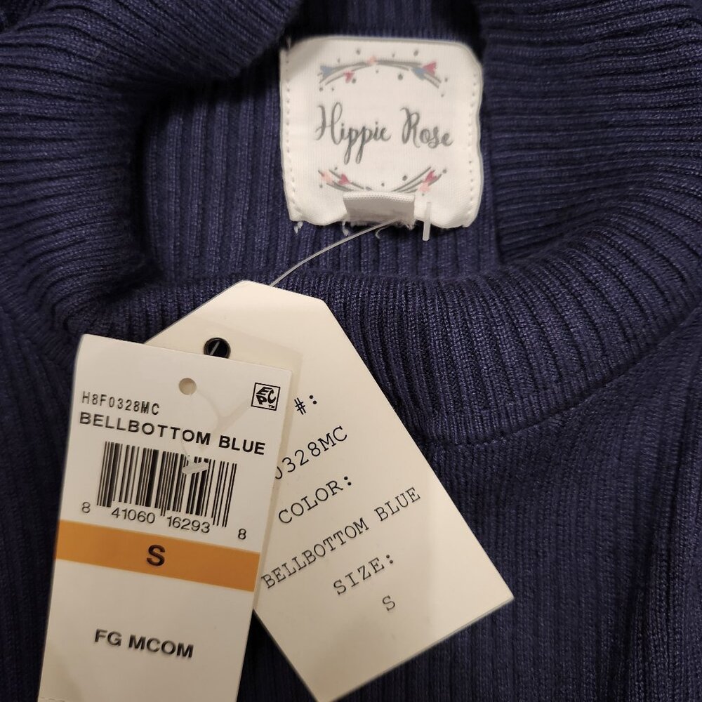 Hippie Rose Bellbottom Blue Ribbed Knit Mock Neck Top Size Small - Picture 6 of 9